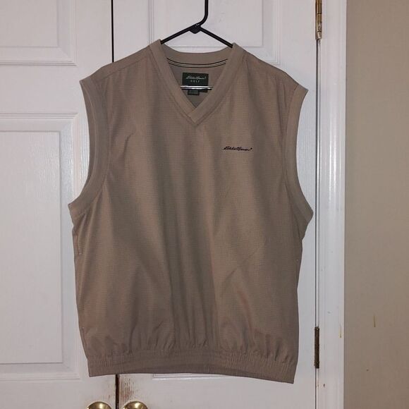 Eddie Bauer Golf light weight windbreaker vest tan and navy with pockets  Sz M - Picture 1 of 5